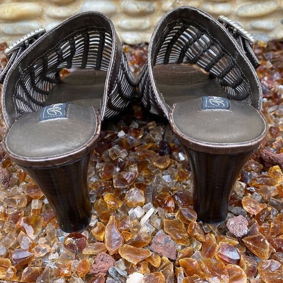 Brighton Pewter/Silver Woven Reed Slide Open Toe Heel Sandal Leather Size 7M EUC - Picture 5 of 12